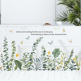 Decal trang trí tường - Chân tường bụi cây xanh và đàn bướm