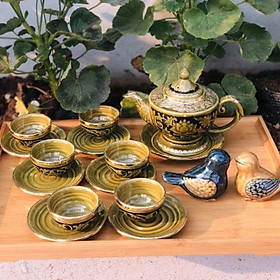 Mua Bộ ấm trà khắc nổi bọc đồng  men rêu