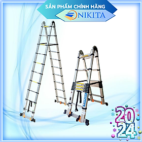 Mua  HOT  Thang nhôm rút đôi có bánh xe di chuyển tiện lợi  thanh giằn gia cố  khóa thang 2 lớp - NIKITA