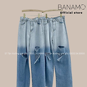 Quần jean nữ xuông rách gối loang màu đậm nhạt siêu đep thời trang Banamo Fashion bò xuông rách gối 9612