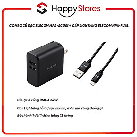 Mua COMBO Củ sạc 2 cổng USB-A 24W ELECOM MPA-ACU05 + Cáp Sạc L.ight. ning ELECOM MPA-FUAL - Hàng Chính Hãng