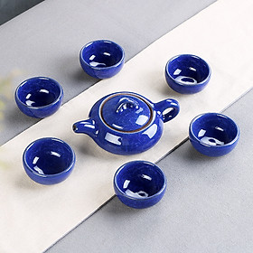 Bộ Bình Trà Gốm Sứ Tráng Men Nứt Dáng Lùn Màu Xanh lam Gồm 1 Ấm Trà, 6 Tách Tặng Kèm Túi Đỏ Đựng Làm Quà