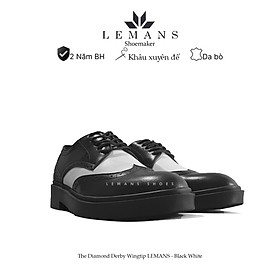 Giày da bò Derby Wingtip LEMANS Black White, đế tăng cao lemans 4cm Bảo Hành 24 Tháng, thiết kế độc quyền