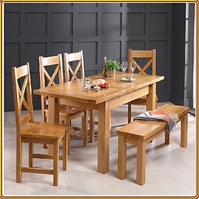 Bộ bàn ghế phòng ăn gỗ sồi Tundo màu vàng tự nhiên bàn kéo giãn kèm 4 ghế lưng X và 1 băng 