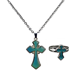 Mood Color Change Silver Chain Cross Pendant Necklace Ring For Women Jewelry