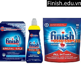 Combo 80 viên rửa bát finish all in one max + muối rửa Finish 1.2kg + Nước làm bóng Finish 400ml dùng cho máy rửa bát