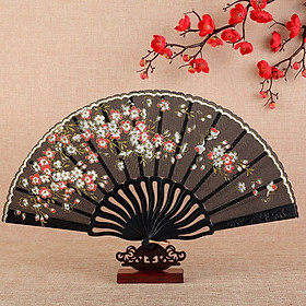 Quạt nhựa HOA ĐÀO BAY TRONG GIÓ màu đen đỏ phong cách cổ trang tập múa