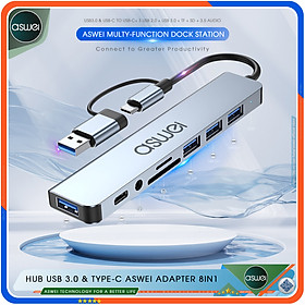 Hub USB 3.0 Và Hub Type C ASWEI 8in1 To USB 3.0, SD, TF, USB-C, Audio 3.5 - Cổng Chia USB, Ổ Chia USB Tốc Độ Cao - Hub Chuyển Đổi USB Type-C 8 Cổng Dành Cho Macbook, Laptop, PC, Máy Tính Bảng, Điện Thoại - Hàng Chính Hãng