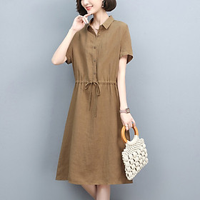 Đầm linen nữ cổ sơ mi ngắn tay kèm dây thát eo, thời trang công sở cho nữ đi làm Haint Boutique