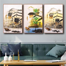 Mua Tranh Nghệ Thuật - Tranh Treo Tường Bến Sông Quê Xưa (Bộ 3 tấm)