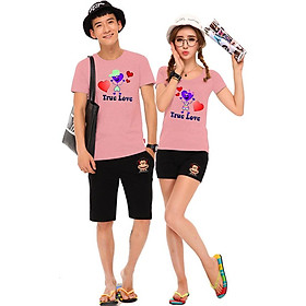 Bộ Áo Thun Đôi Nam Nữ True Love Màu Hồng Ruốc