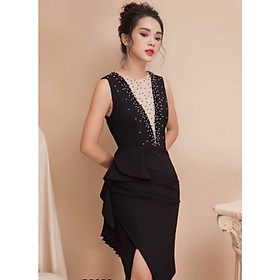 Đầm ôm body sát nách ép đá phối bẻo sang trọng