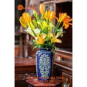 Bình hoa khắc hoa sen cổ men xanh vàng gốm Bát Tràng