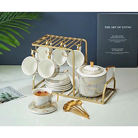 Bộ ấm chén kèm khay ( hoặc đĩa ) sứ vân đá cao cấp pha trà cà phê phong cách Châu âu sang trọng hiện đại