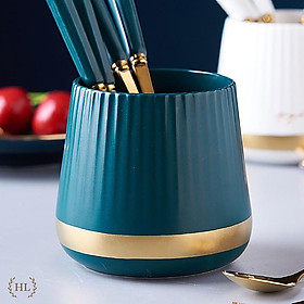 Mua Combo 6 Thìa 6 Nĩa inox hoàng kim cán sứ kèm cốc sứ đựng kẻ vàng kim cao cấp | Hũ sứ xanh trắng kẻ vàng kèm thìa nĩa sứ