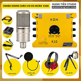 Combo thu âm, livestream Micro TakStar PC-K200, Sound card XOX K10 Jubilee - Kèm full phụ kiện nguồn 48V, kẹp micro, màng lọc, tai nghe, giá đỡ ĐT - Hỗ trợ thu âm, karaoke online chuyên nghiệp - Hàng nhập khẩu 