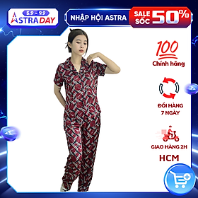 Bộ đồ Pyjama nữ, đồ mặc nhà lụa VILADY - B146 Quần Dài Tay Cộc Họa Tiết hình thoi, chất liệu lụa Pháp (lụa latin) - Màu ĐỎ ĐÔ