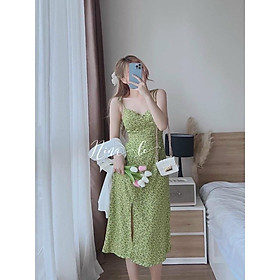 Đầm váy nữ voan hoa xanh nhẹ nhàng tiểu thư dành cho các nàng đi chơi, dạo phố