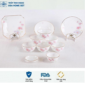 Mua Bộ bát đĩa 11 sản phẩm thủy tinh ngọc họa tiết Hoa màu hồng USA Homeset
