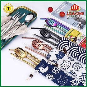 Mua Bộ 7 Món Đũa Muỗng Nĩa Ống Hút Inox Cao Cấp Chính Hãng LILAHOME- Kèm Túi Đựng (Giao Màu Ngẫu Nhiên)