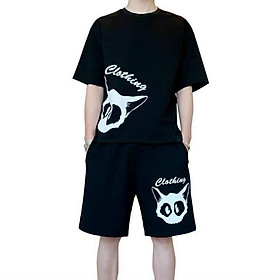 Bộ Quần Áo Thun Nam Ngắn Tay In Hình Mèo CLOTHINGS - Bộ Hè Nam Tay Cổ Tron Tay Lỡ Chất Thun Lạnh Co Dãn 4 Chiều