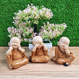 Bộ 03 tượng chú tiểu Tam Không áo nâu 10cm - tặng kèm 50 xu vàng mini may mắn