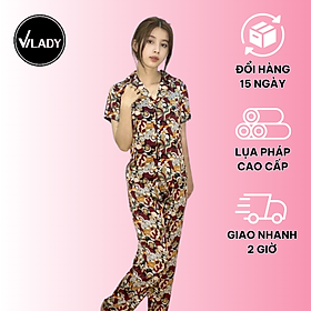 Bộ Pyjama nữ, đồ mặc nhà VILADY- B139 Quần Dài Tay Cộc Họa Tiết Con sò Màu Đỏ Đô, chất liệu lụa Pháp