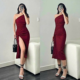 ĐẦM DÀI MIDI ÔM BODY LỆCH VAI ĐỎ XẺ ĐÙI DÂY RÚT ĐI TIỆC DẠO PHỐ ĐI CHƠI NOEL GIÁNG SINH