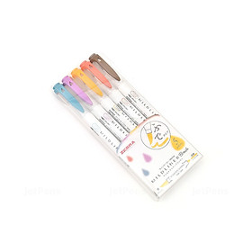 Bộ 5 bút lông đầu cọ hai đầu  Zebra Mildliner Double-Sided Highlighter Brush - Brush / Extra Fine - 5 Deep & Warm Color Set (Nhãn vàng)