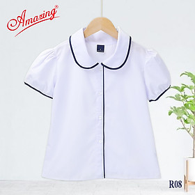 Áo trắng cho bé gái đi học hiệu Amazing, cổ bèo viền xanh cao cấp, vải kate silk, big size đến 70kg