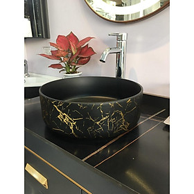 Mua Combo chậu lavabo tròn đen khắc kim men mát và vòi dương bàn đá. Hàng cao cấp