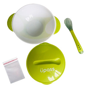 Bát ăn dặm có nắp kèm thìa báo nóng Upass xanh lá + tặng 5 zipper 12x17cm