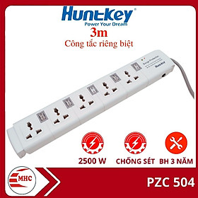 Ổ cắm điện đa năng, ổ điện thông minh Huntkey PZC504 5 ổ chống sét, có đèn báo, công tắc riêng- Hàng chính hãng