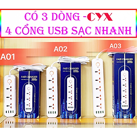 Ổ Cắm điện CYX A02 4 Cổng USB Sạc Nhanh, Đa Ổ Cắm, Dây Đồng Dài 3m, Công Suất 3000w