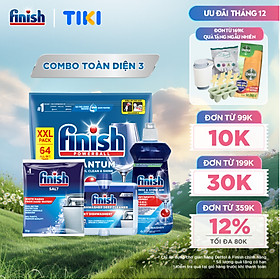 Combo Finish toàn diện 3: Viên Rửa Chén Bát Finish Powerball Quantum 64 viên + Nước Làm Bóng Finish 500ml + Muối Rửa Chén Finish Salt túi 1kg + Dung dịch vệ sinh máy