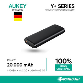 Pin Sạc Dự Phòng 20000mAh AUKEY PB-Y23 1 Cổng Sạc Nhanh QC 3.0, 1 Cổng Type C Power Delivery 18W, Hỗ Trợ Sạc Vào Bằng Cổng Lighting - Hàng Chính Hãng