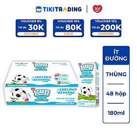 Thùng 48 hộp KUN 100% Sữa tươi ít đường 180ml/hộp