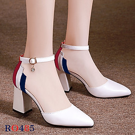 Giày cao gót nữ đẹp đế vuông 6 phân hàng hiệu rosata hai màu đen trắng ro485 - Trắng - 37