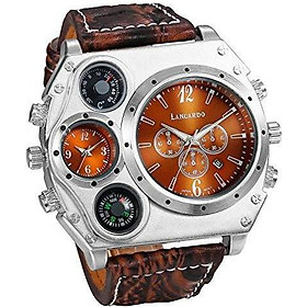 Men's Watch Oversize Steampunk Dual Time Zone Four Dial Big Face Watches Soft Leather Band Policy Army Compass Thermometer Decorative Dial Cool Wrist Watch for Halloween Costume Party