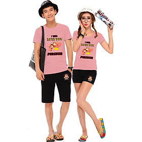 Bộ Áo Thun Đôi Nam Nữ I Love You Forever Màu Hồng Ruốc