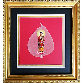 Tranh Phật in trên lá bồ đề có khung cáo cấp mẫu Tam thánh, phật adida, Tranh Phật Giáo HPB-2401-2