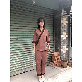 Áo lam đi chùa, đồ lam, thời trang nữ áo kiểu nút thắt phối thêu sen