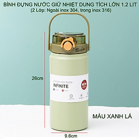 Bình đựng nước bằng inox 316, 2 lớp giữ nhiệt, dung tích 1.2 lít, có ống hút và quai xách