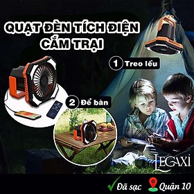 Quạt mini tích điện treo lều tích hợp sạc điện thoại gấp gọn cắm trại, camping, dã ngoại, du lịch, picnic ngoài trời pin 10.000mAh Legaxi