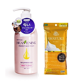 Combo 01 Khăn tắm tạo bọt cao cấp Ohe Awayuki - Hàng nhập khẩu Nhật Bản + 01 chai Sữa tắm dưỡng ẩm, làm trắng da cao cấp Hàn Quốc Heavening Perfect