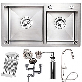 Mua Combo bộ chậu rửa bát 2 hố RANOX và vòi rửa chén rút dấy 2 đường nước RN46707
