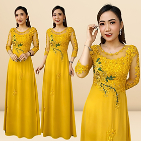 Áo dài bà sui màu vàng cho mẹ tuổi trung niên thêu hoa kết đá thủ công sang trọng cao cấp