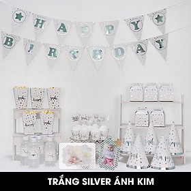 Set trang trí sinh nhật trắng silver ánh kim