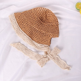 Nón mũ cói viền ren thắt nơ xinh phong cách Hàn Quốc cho bé freesize từ 1 đến 4 tuổi