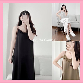 Đầm hai dây lụa dáng suông dài thiết kế viền ren tiểu thư siêu xinh, Váy 2 dây nữ maxi phối ren rẻ đẹp thích hợp đi biển đi dạo đi chơi